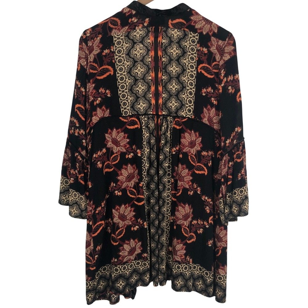 ANGIE Boho Floral Velvet Trim Bell Sleeve Kimono Cardigan Sz L Black Orange - Picture 2 of 8